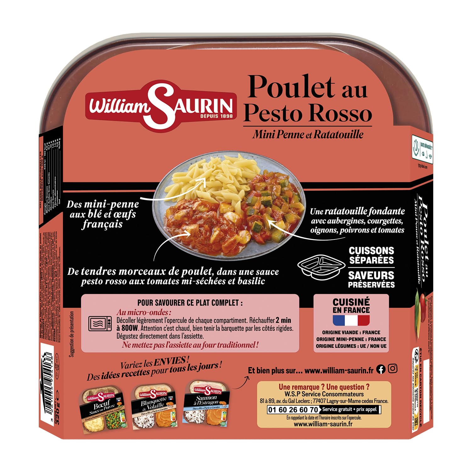WILLIAM SAURIN Poulet au Pesto Rosso Mini Penne et Ratatouille 320g - Plat Cuisiné Sans Conservateur Viande Française - Lot de 3