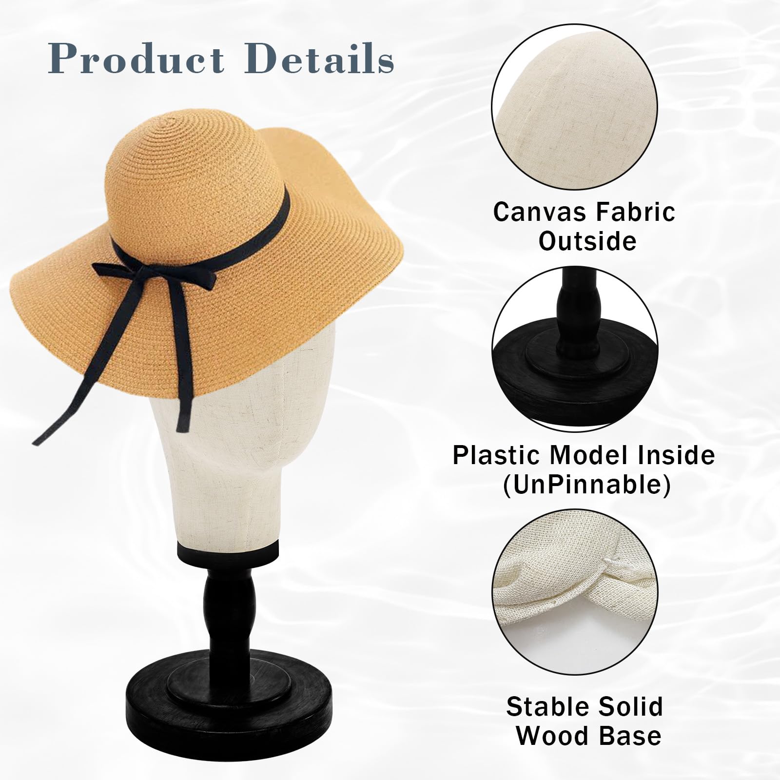 Support pour perruque, tête de mannequin de 55,9 cm avec base en bois amovible, support de tête en toile pour coiffure, bijoux, lunettes, bandeau, support de perruque pour perruques, chapeaux