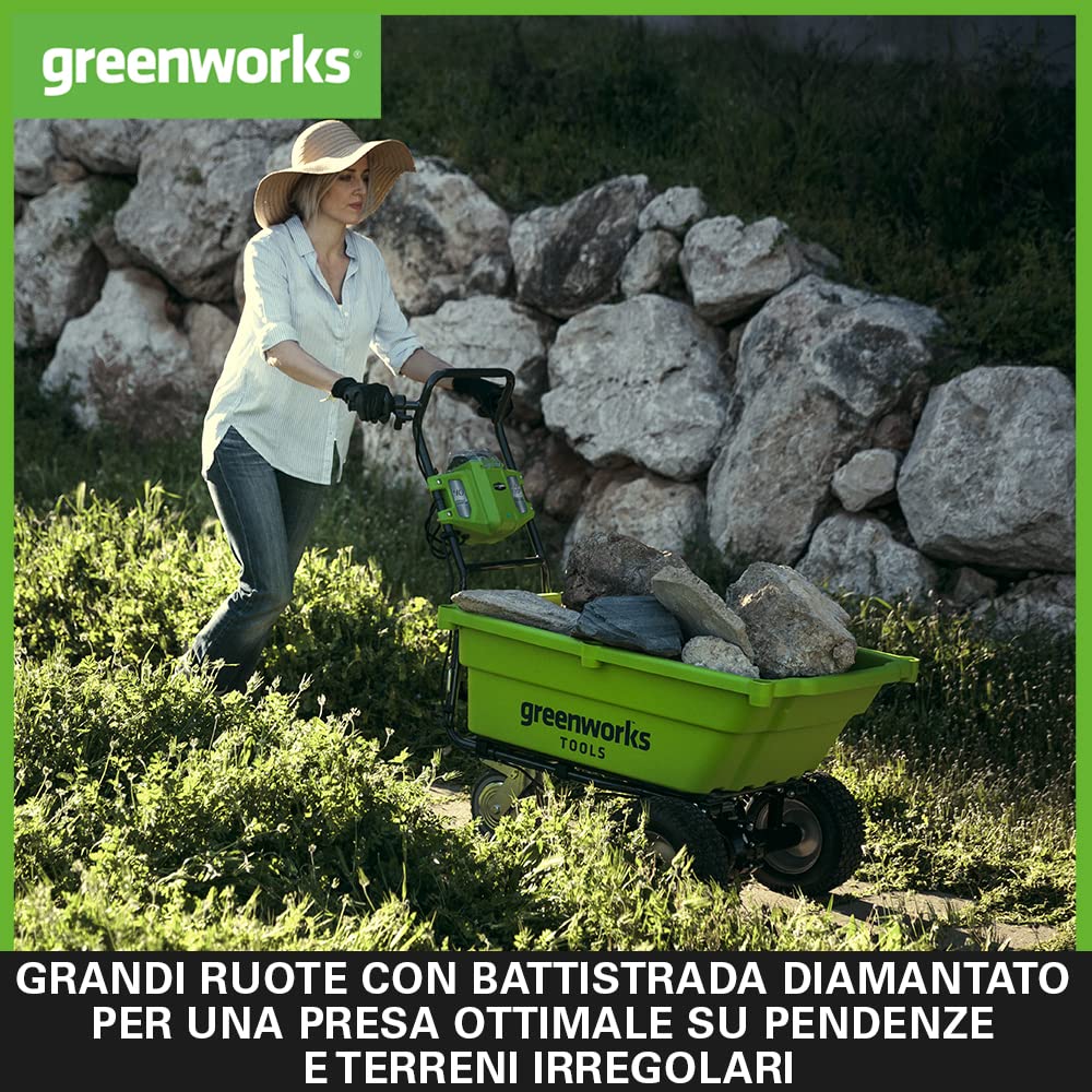 Greenworks G40GC Carriola Elettrica a Batteria, Semovente, Capacità di Carico 100kg, 106L, Funzione Ribaltamento Facile, SENZA Batteria 40V e Caricabatterie, Garanzia 3 Anni