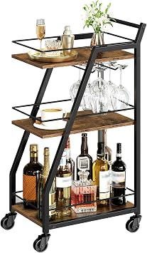YATINEY Bar Cart, 3-Tier Home Bar Serving Cart with Wheels, Drink Cart with Glass Holder, Beverage Cart, Rolling Kitchen Cart, for Home, Living Room, Rustic Brown and Black BC03BR