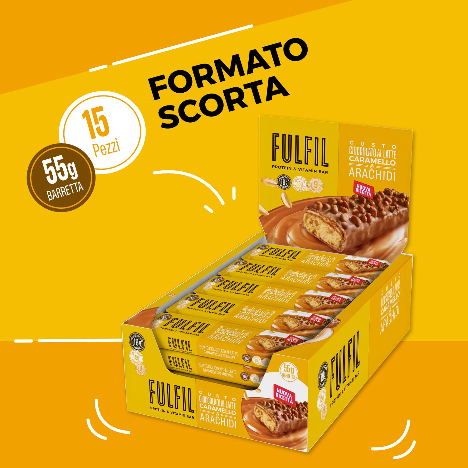 FULFIL - 15 Barrette Proteiche da 55 Grammi, Gusto Cioccolato Caramello e Arachidi con 9 Vitamine e Pochi Zuccheri, Confezione da 825 Grammi