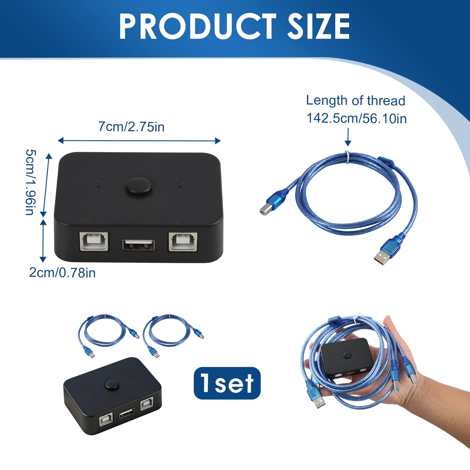 USB Drucker Umschalter 2 PC für effizientes Printer Sharing, USB Switch 2 Port mit elektronischem Schalter, 2×1,5m Druckerkabel inklusive, Plug and Play, ABS Gehäuse, LED Anzeige für Büro