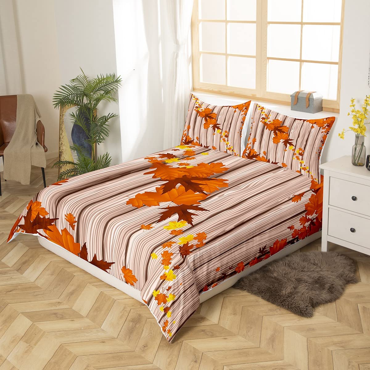 Set di biancheria da letto autunnale con foglie d'acero, motivo felice, per bambini, ragazzi, ragazze, ragazzi, rustico, in legno, traspirante, arancione bruciato, con foglie diagonali