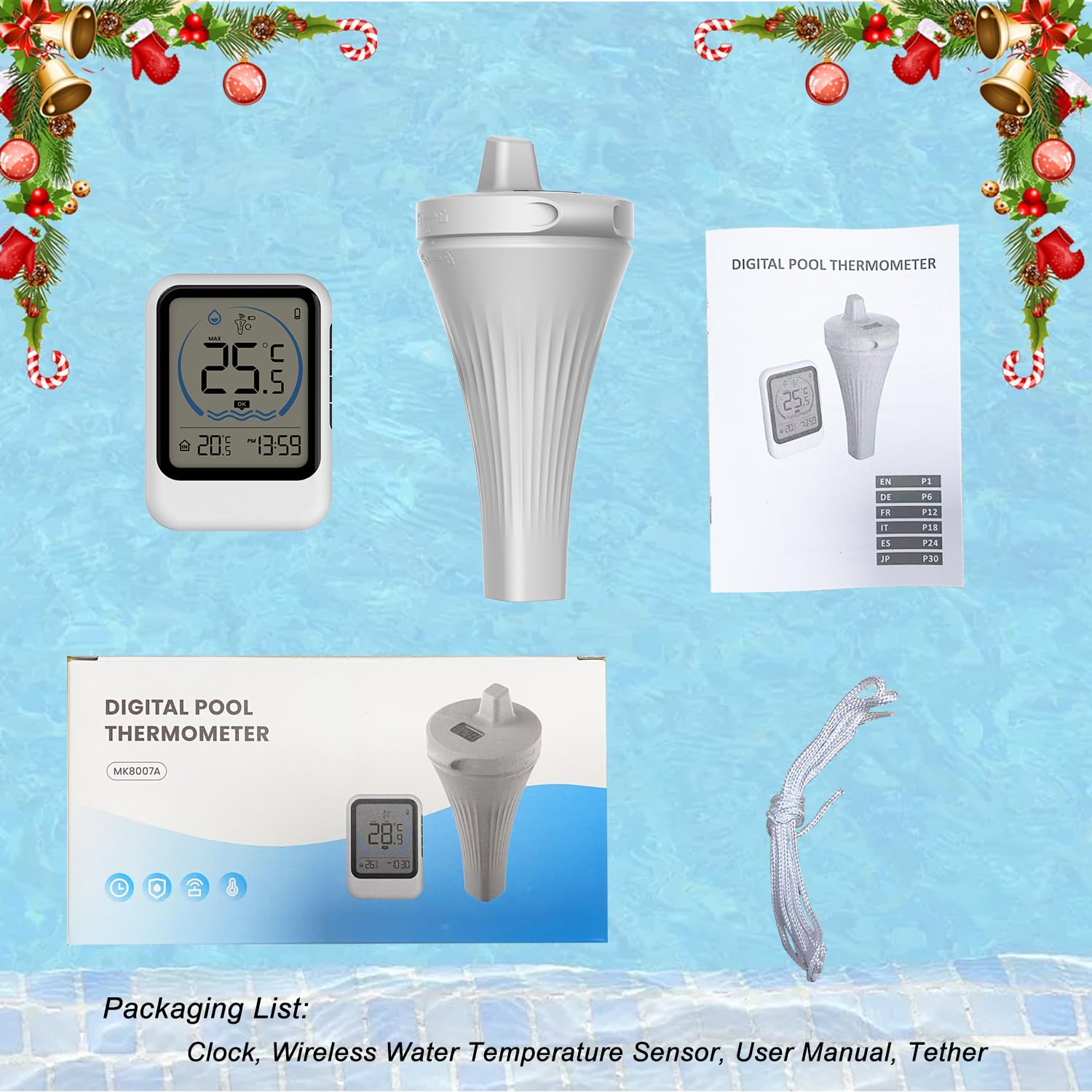 Cyfrowy radiowy termometr basenowy, wodoszczelny IP68, termometr do wody z monitorem temperatury wewnętrznej, do jacuzzi, akwarium, wanny, spa, zasięg do 100 m
