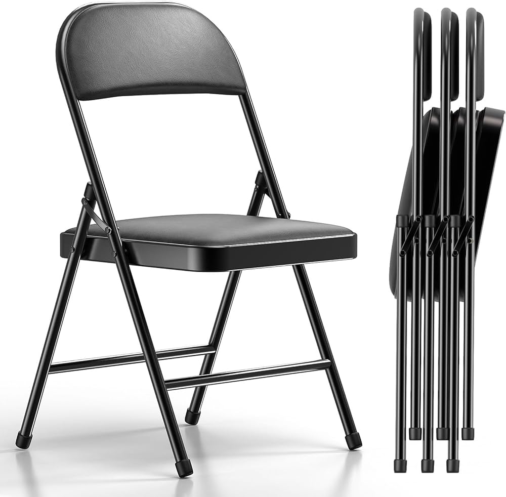 Nazhura 4 Pack Folding Chairs with Padded Vinyl Cushion Chairs with Comfortable Cushion and Durable Steel Frame for Home and Office, for Indoor and Outdoor Events (Black Vinyl Seating 4 Pack)