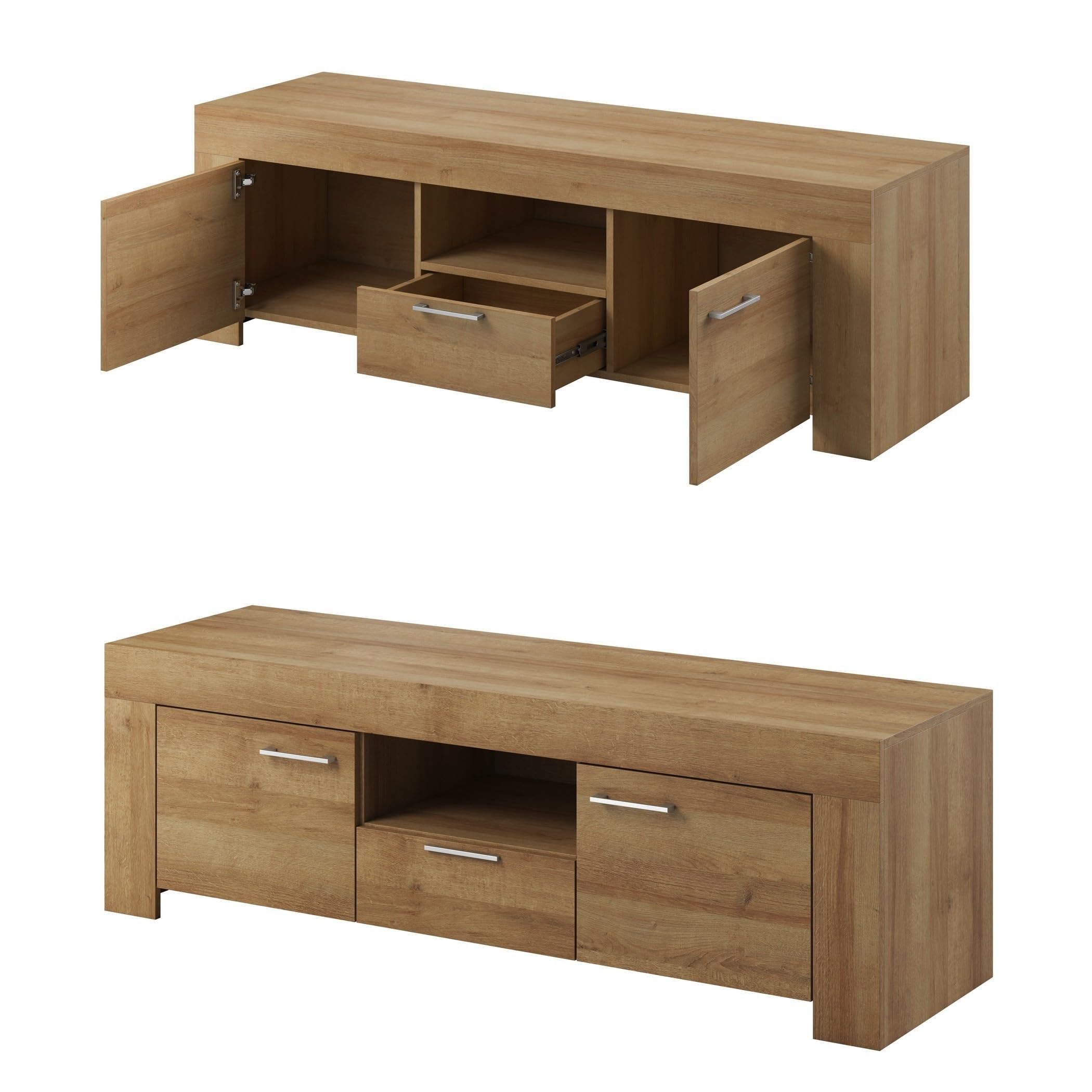 Furniture24 Wohnwand Anbauwand Sky - Tv Schrank Vitrine mit LED Beleuchtung Hängeregal Kommode (Riviera Eiche)