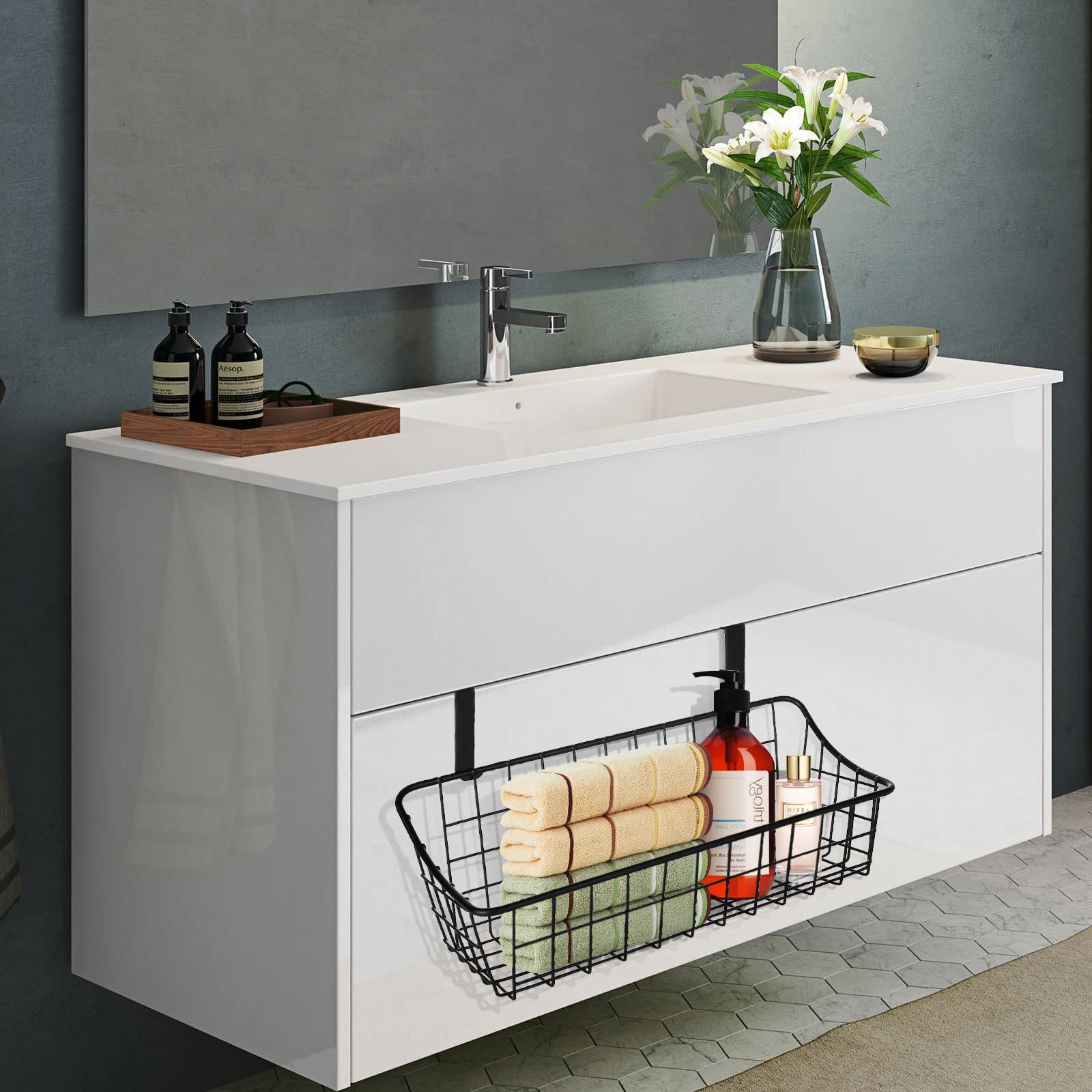 Organizer Portaoggetti A Griglia Gralara | Cestini Con Ganci Per Porta, Parete O Bancone | Nero, In Ferro - Foto 3