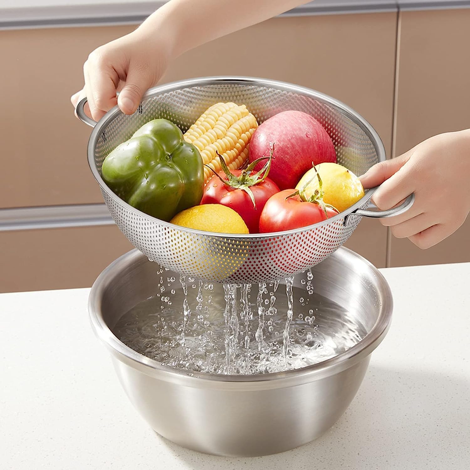 Set di scolapasta a rete microforata in acciaio triplo strato colino impilabile con mania per risciacolare le verdure scolare la pasta il riso e i cereali