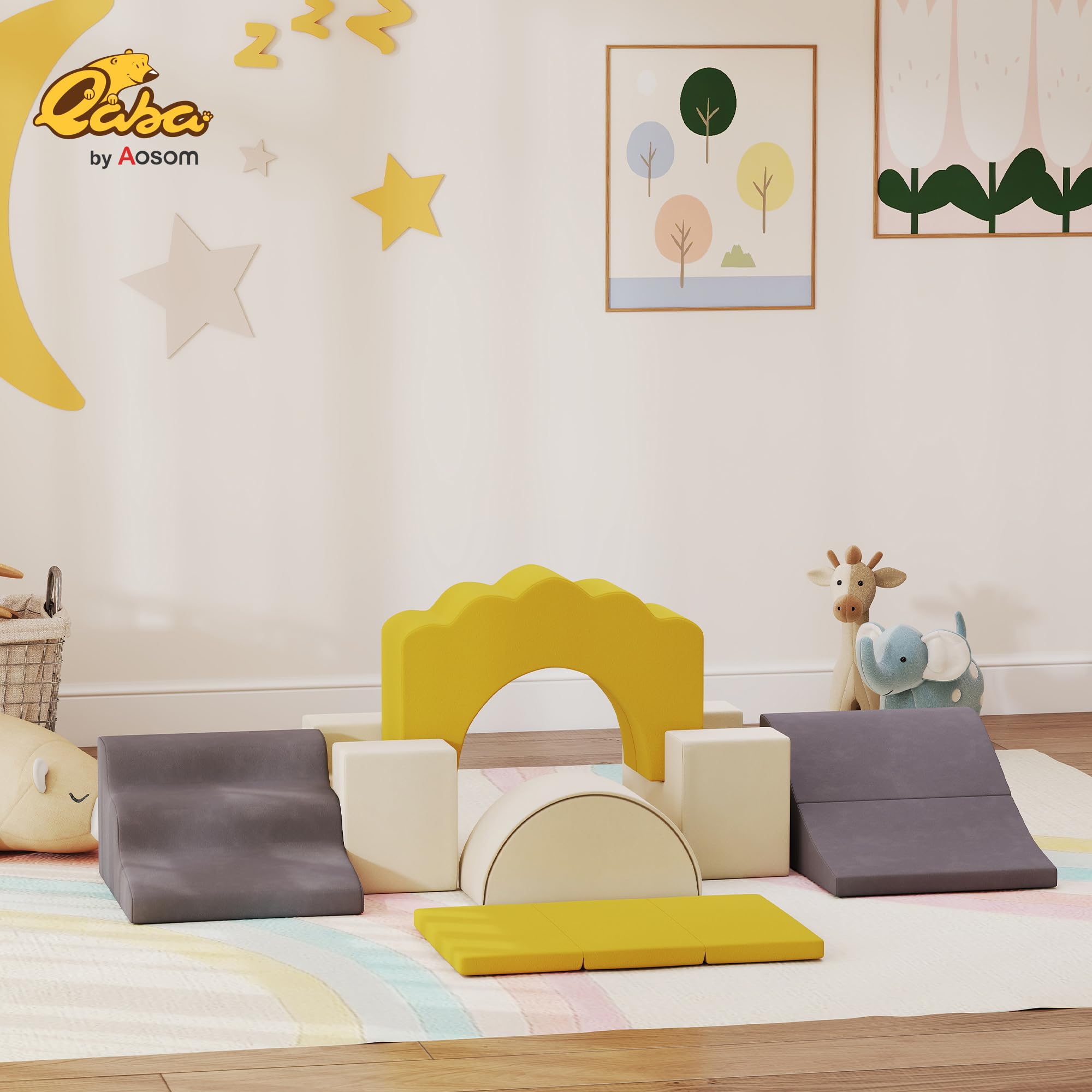 AIYAPLAY Juego de 7 Bloques de Espuma para Niños, Bloques de Psicomotricidad, Figuras de Construcción, Juguete para Aprendizaje para Escalar y Gatear, Amarillo