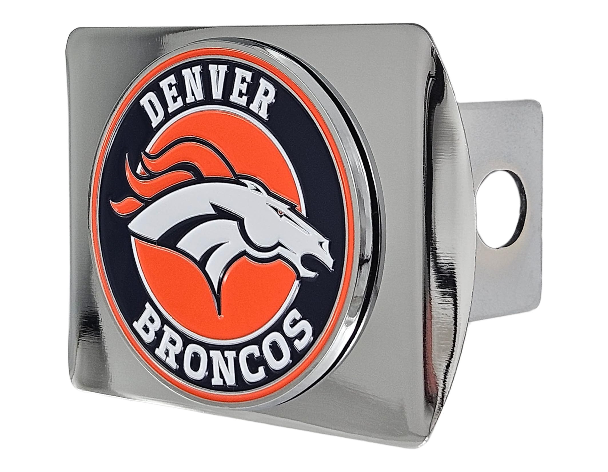 Denver Broncos NFL Chrome Metal Hitch Cover with 3D Colored Team Logo by FANMATS - Unique Roundel Molded Design – Easy Installation on Truck, SUV, Car