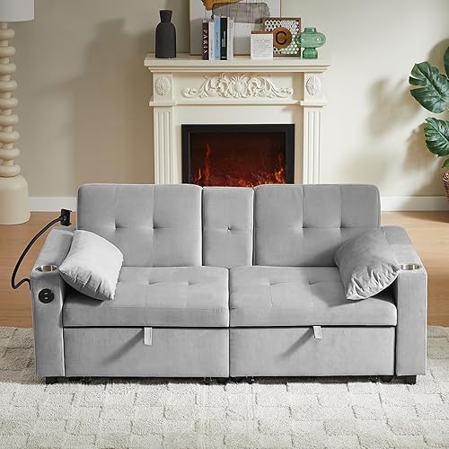 Miniatura 199 de sofá cama de terciopelo de 58 pulgadas, convertible 3 en 1 con bolsa de almacenamiento y respaldo ajustable, perfecto para espacios pequeños, sala 7