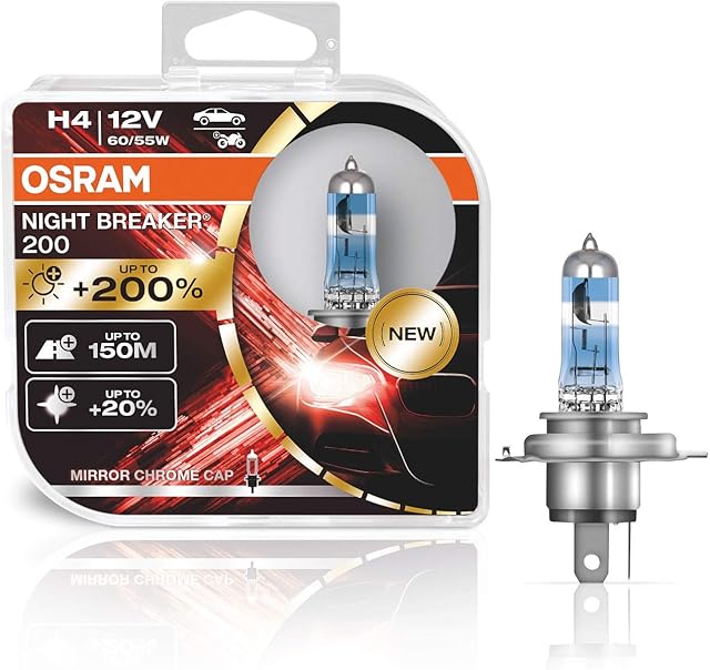 OSRAM NIGHT BREAKER 200, H4, 200% większa jasność, halogenowa lampa czołowa, 64193NB200-HCB, Duo Box (2 lampy)
