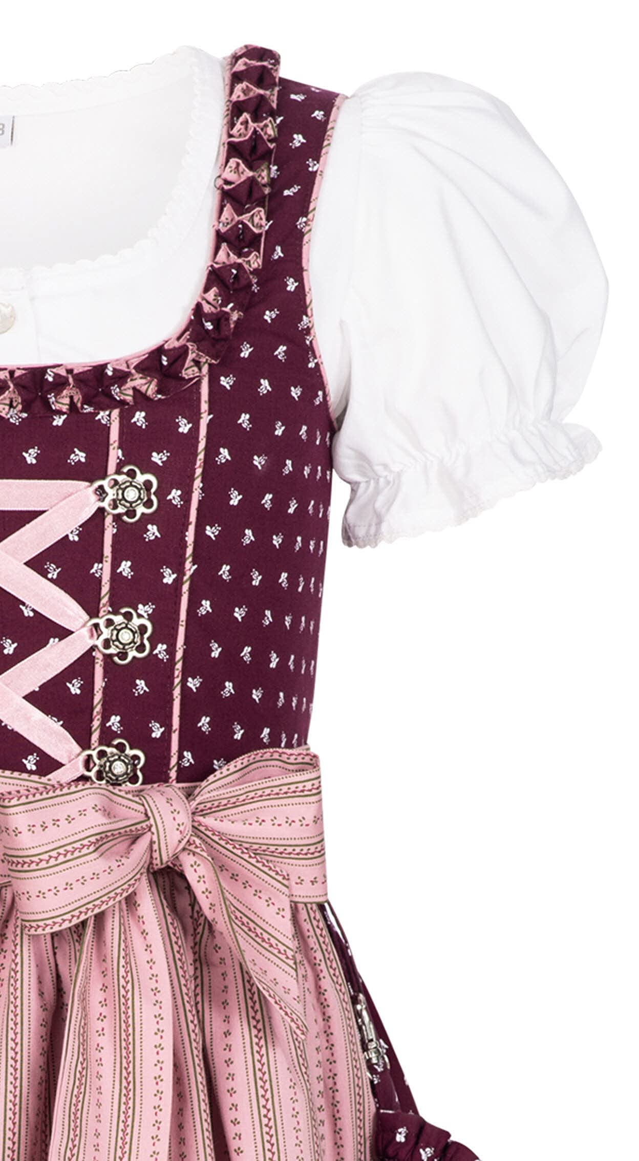 Nübler Dirndl Mädchen NABILA - 3-teiliges Set inkl. Dirndl Kleid, Trachtenbluse & Schürze in Beere, hochwertige bayerische Tracht, Bezauberndes Blumenmuster, ideal für Feste und Feiern