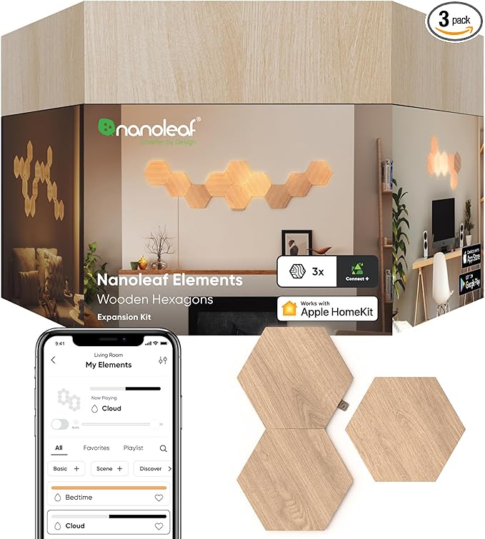 Nanoleaf Elements Wood Look Smart Wall Lights, Hexagon LED Wall Lights Work with Alexa Google Assistant, Home Wall Decor for Living Room with Music Sync, Ambient White 1500-4000K, Expansion 3 Panel