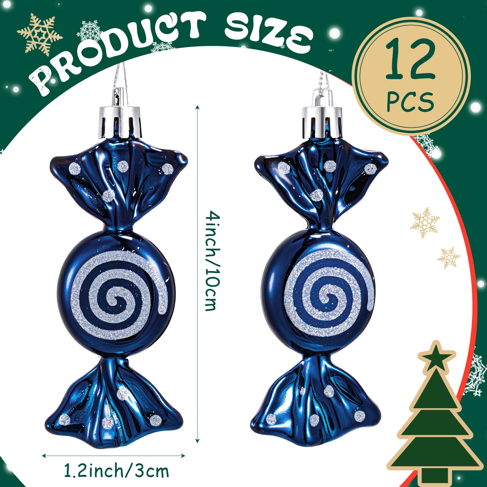 Threan 12 Pcs Christmas Candy Ornaments for Tree Decoration Hanging Glitter Candy Cane Christmas Peppermint Ornament with Golden Rope for Xmas Holiday Decoration(Dark Blue,Plastic) - Image 3