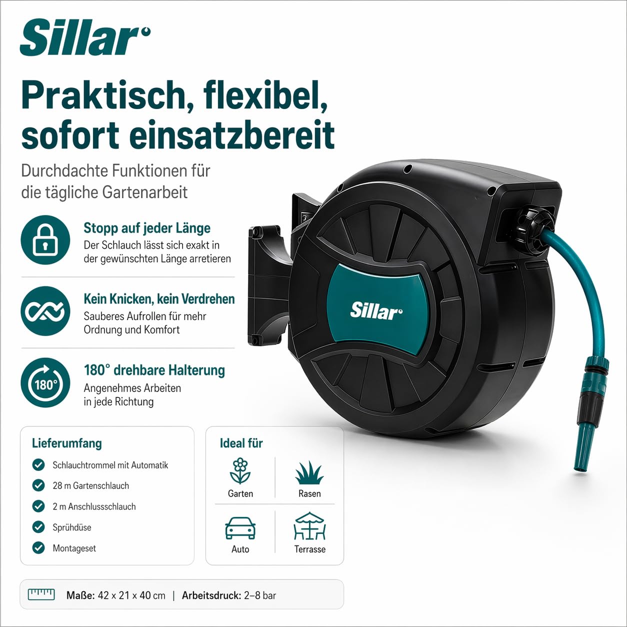 Sillar Schlauchtrommel mit Gartenschlauch 30m, Automatischer Schlauchaufroller zur Wandmontage, 180° schwenkbar, 1/2 Zoll Wasserschlauch, inkl. 7-Funktionen-Spritzpistole, Spritzdüse und Montageset
