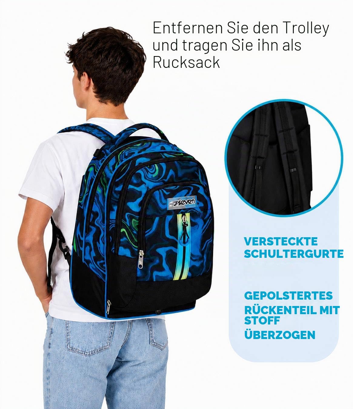 Seven Schulranzen mit Trolley-Funktion, Rucksack mit Rollen, zum Ziehen, für Schule Sport Freizeit, ab 1. Klasse, Detach, 3 in 1, mit Trinkflaschenfach, mit kleinem Rucksack, für Kinder, mehrfarbig