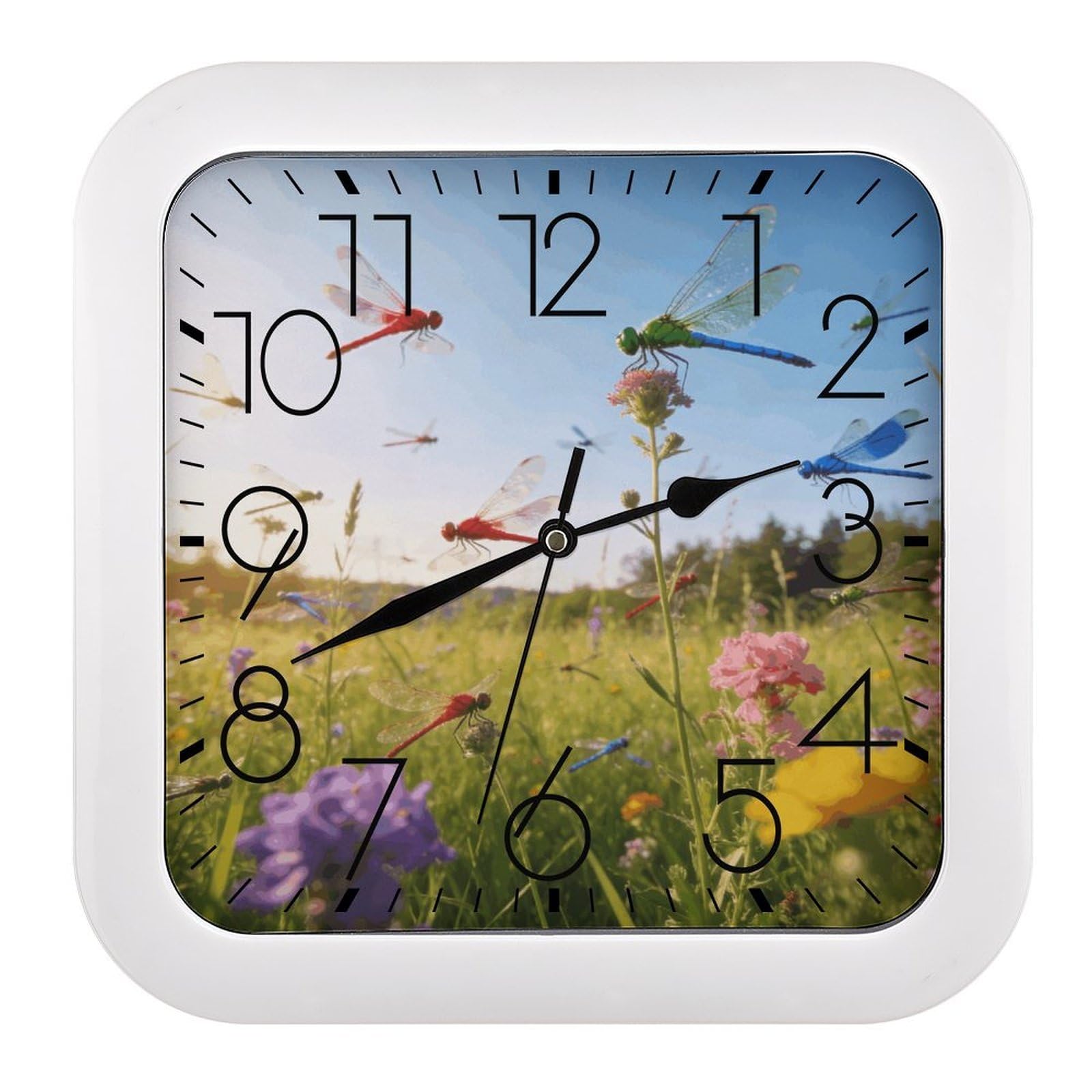 Fodpand Style Dragonfly Meadow Wall Clock,Battery Operated Modern Retro Rounded Square Clock Clock For Bedroom Living Room Office Home Gym Porch Decor Indoor Outdoor 10.2 * 10.2In