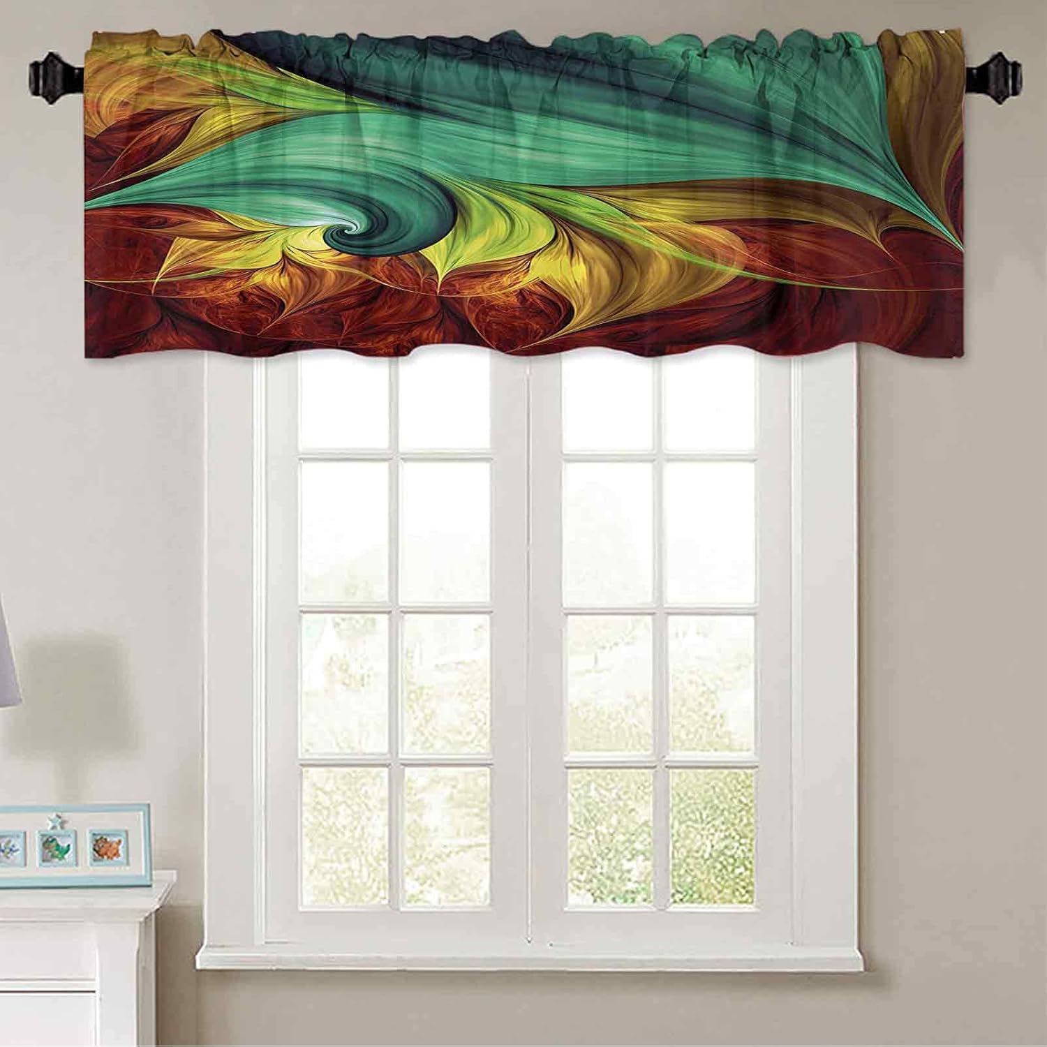 Kitchen Curtain Valance, 50" W x 18" L Computer Art Stylized Fluid Color Tones with Artistic Abstract Dynamic Forms L Thermal Insulated Blackout Valance Curtain Teal Yellow Ruby