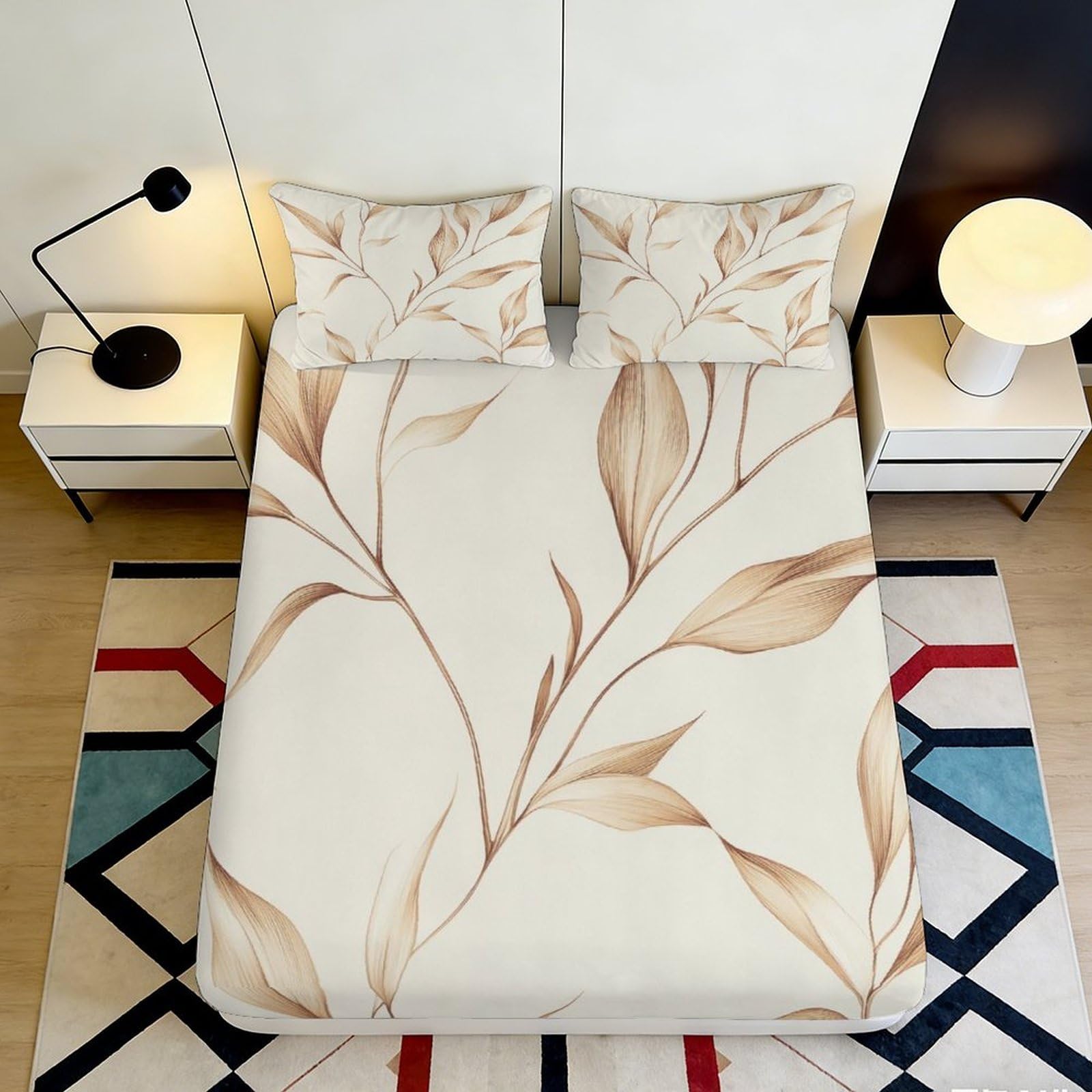 3D Printed Beige Leaf Pattern Fitted Sheet Microfiber Soft Breathable Abstract Branch Bed Cover for Bedroom Dormitory Guest Room Mattress Protection Decor 160x200x25cm
