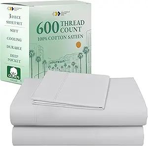 California Design Den Hotel Quality Twin Size Sheets Set - Luxury 600 Thread Count Sateen, Natural 100% Cotton, Fully Elasticized Deep Pocket Twin Sheets Set Cotton, Cool and Durable - Light Silver