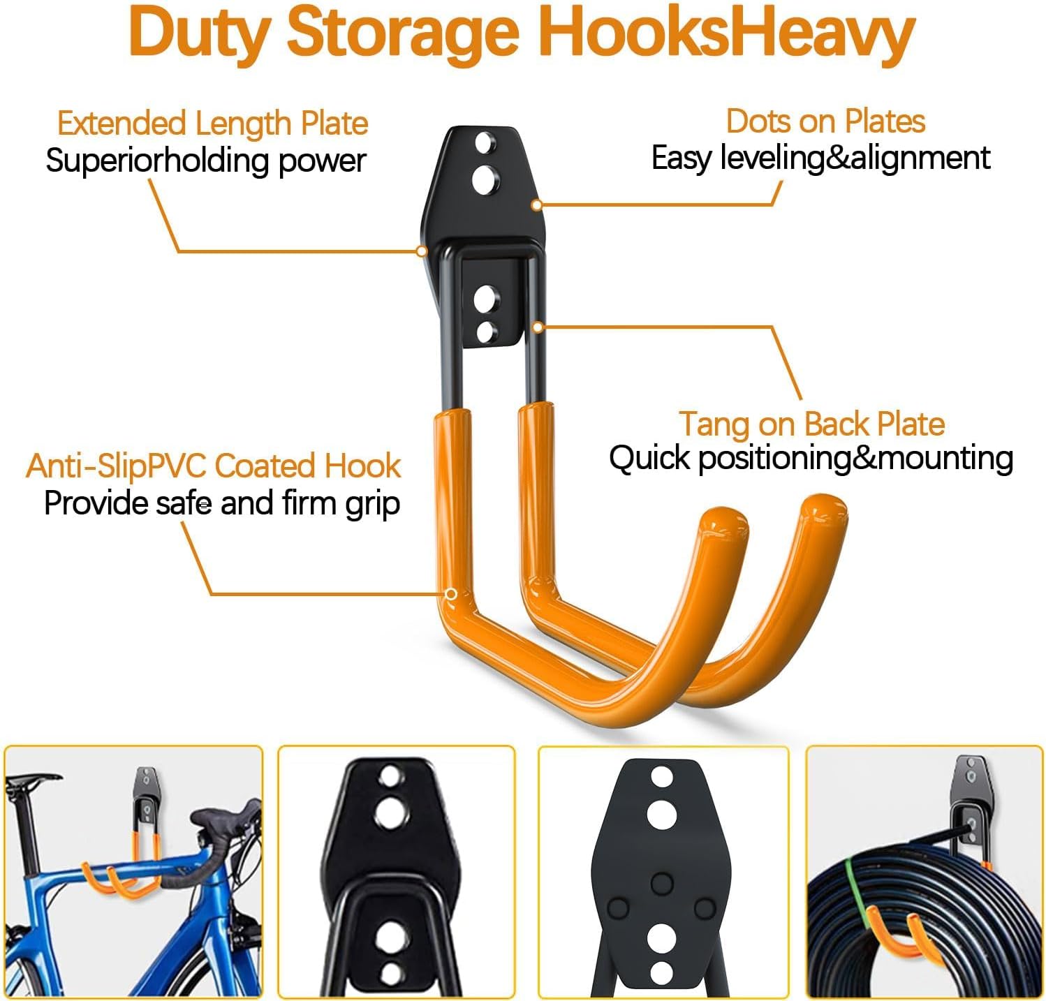3-H Heavy Duty Hose Holder Wall Mount for Garden, 4-Pack Hose Hook with 3 Reinforced Welding Points & Non-Slip PVC Coating, Indoor/Outdoor Garden Hose Holder for Garage, Yard, Shed