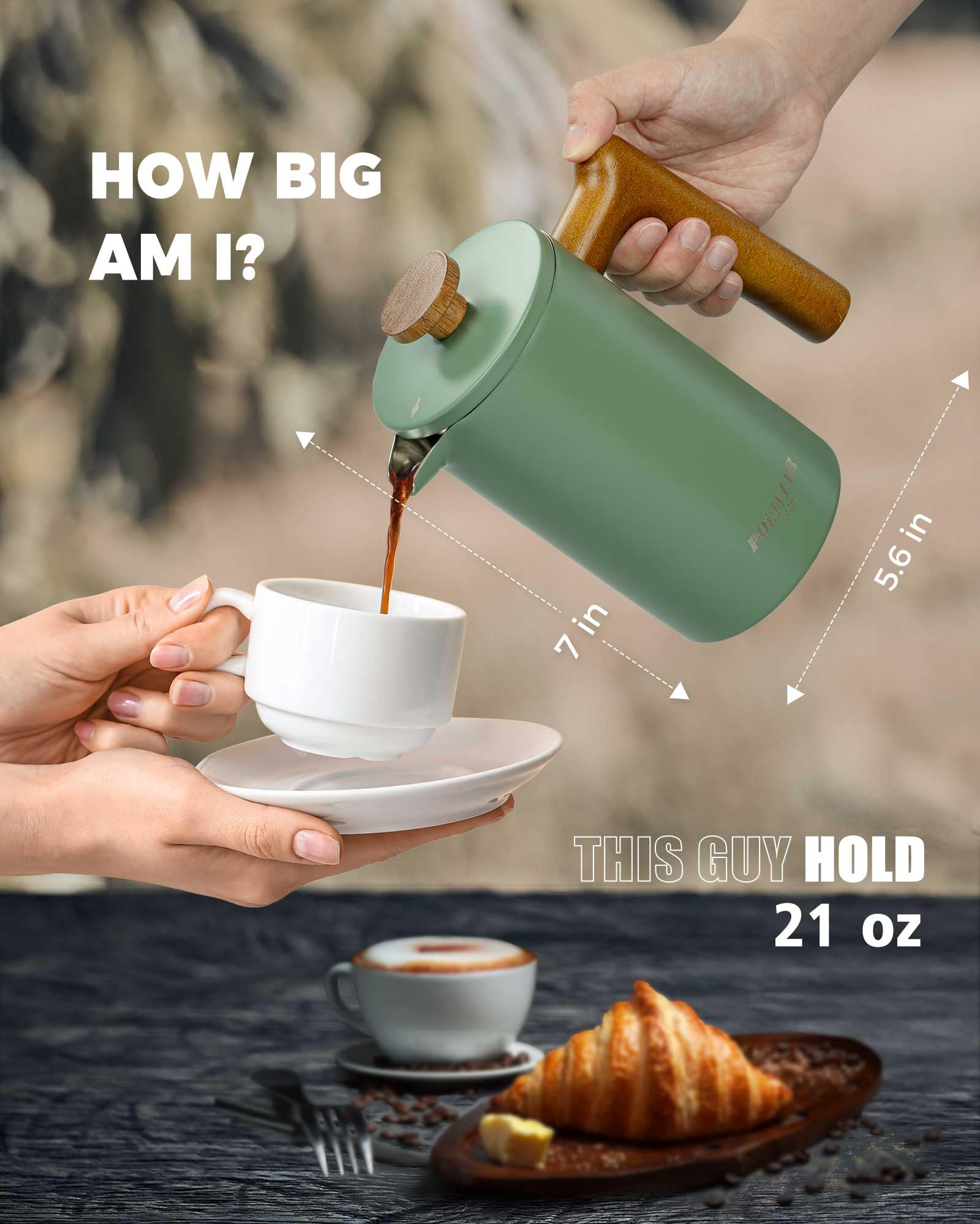 POLIVIAR 600ml Double Wall 304 Stainless Steel Cafetière, Insulated French Press Coffee Plunger with Real Wood Handle - Image 3