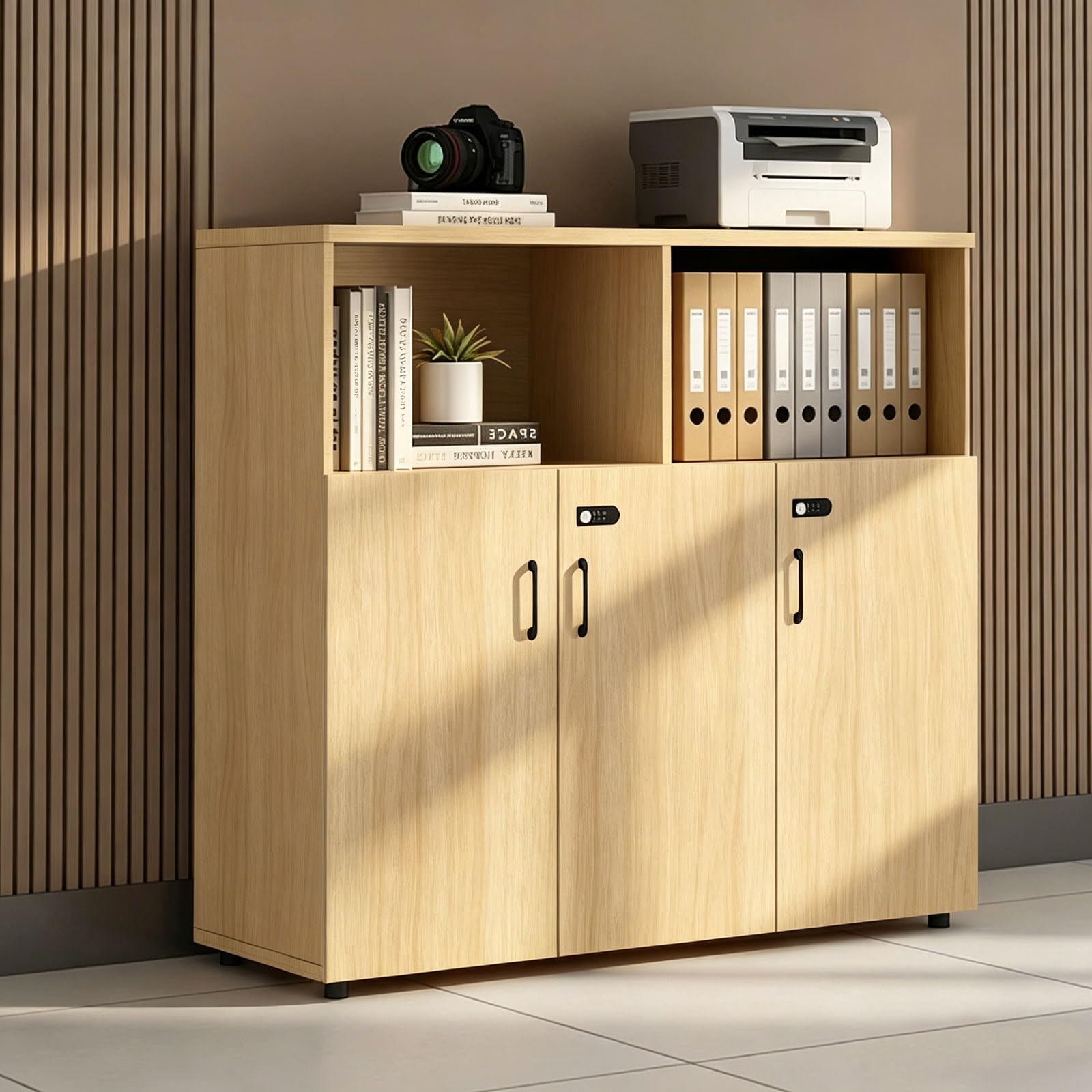 Aktenschrank Holz Querformat mit Zahlenschloss, Büroschrank mit 3 Schubladen und Tür, Druckertisch Aufbewahrungsschrank für Büro Homeoffice, A4 & Letter Ordner Schrank mit offenen Fächern