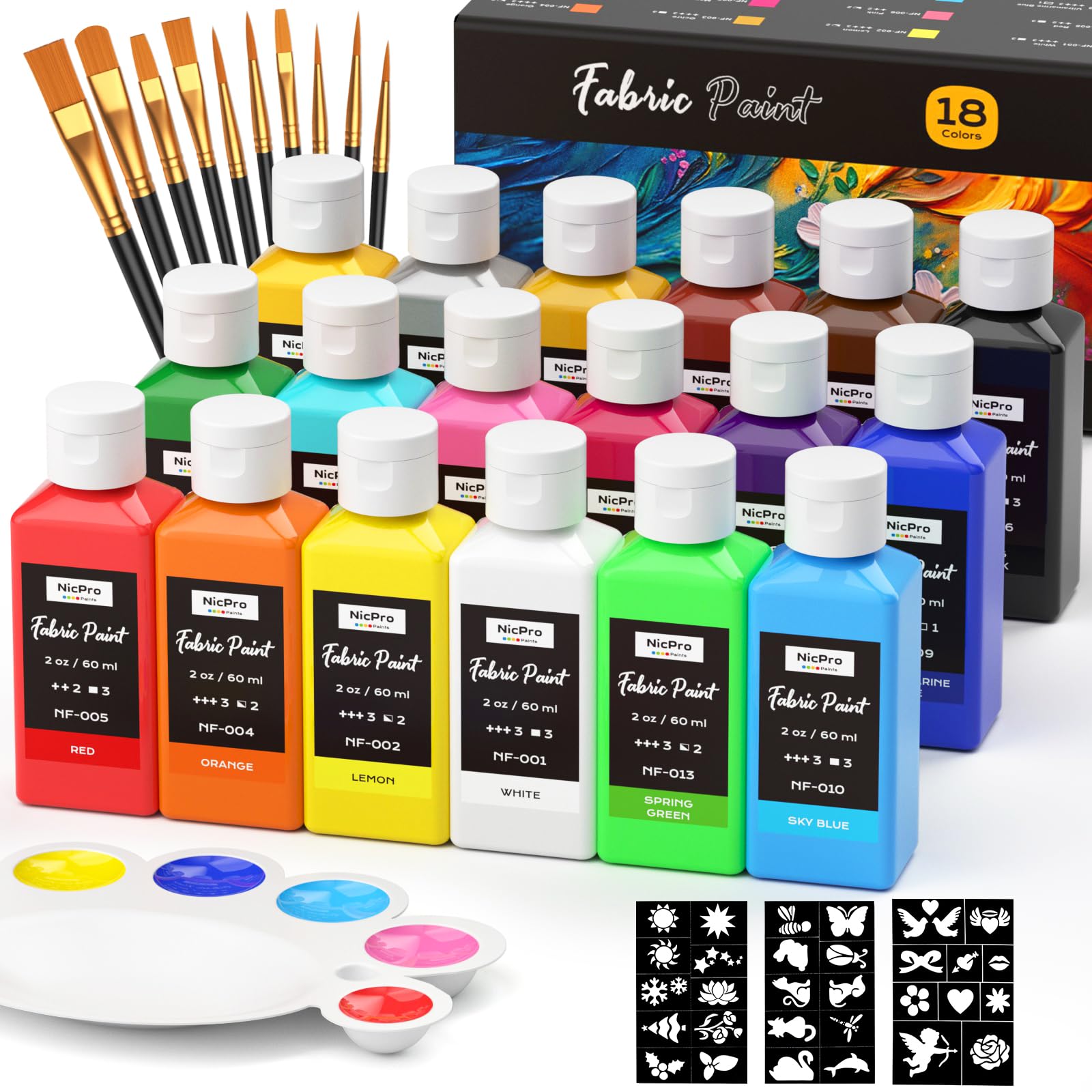 Nicpro Pintura para Tela Lavable 18 Colores de Pintura Textil 60 ml, Pintura para Ropa Permanente con 10 Pinceles, Paleta, Plantillas, No Tóxicas, para Camisetas, Zapatos, Bolsos, Jeans
