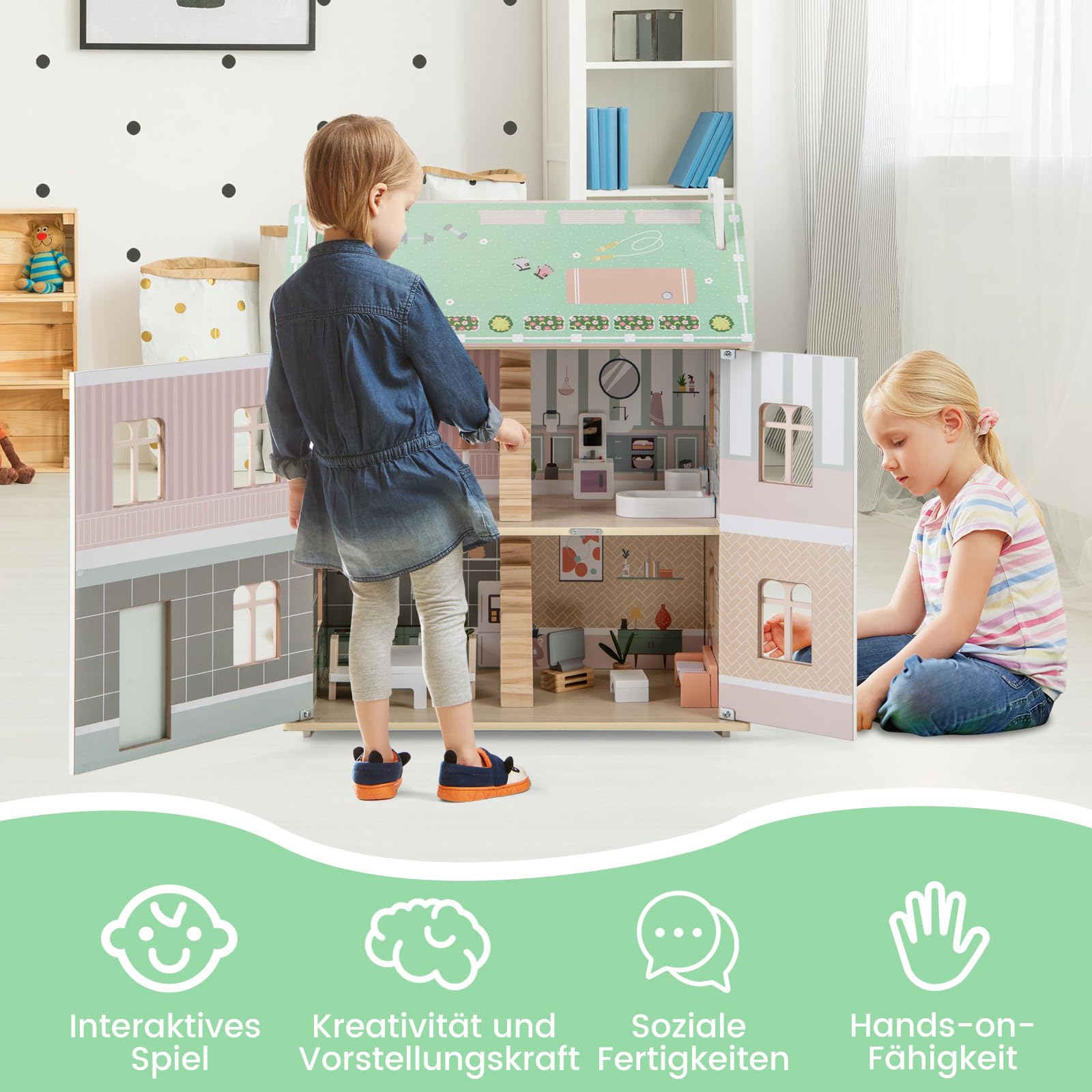 GOPLUS Holzpuppenhaus, 3-stöckiges Puppenhaus mit Möbeln und Zubehör, Puppenhaus für Kleinkinder mit doppelseitigen Dächern, öffnenden Türen, Holzleitern, Kinder ab 3 Jahren