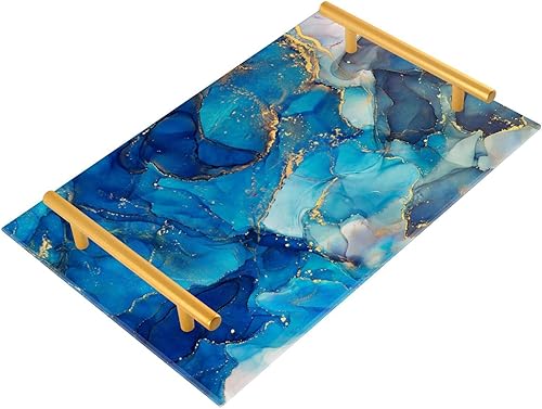 Gredecor Bandeja decorativa de mármol para baño, color azul y dorado, mostrador de mármol, bandejas de café de cocina, rectangular, acrílico,