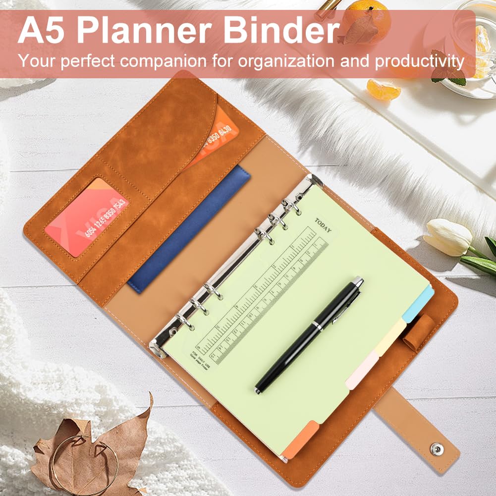 ANOMM A5 Ring Binder Notebook PU Leather Diary, Refillable Notebook with A5 Dot Grid Paper & Inner Pockets & Index Divider - Image 4