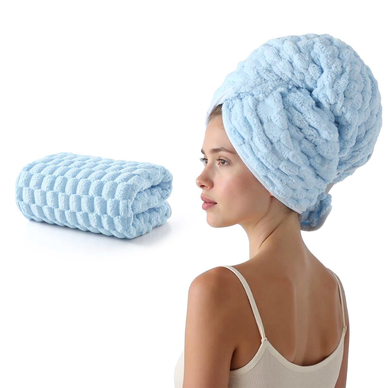 REDKISS Blue Microfiber Hair Towels - Extra Large Hair Towel Wrap for Women, 24x42 inch Hair Towels with Elastic Strap, Super Soft Hair Drying Towels for Long, Thick, Curly Anti Frizz Turbans
