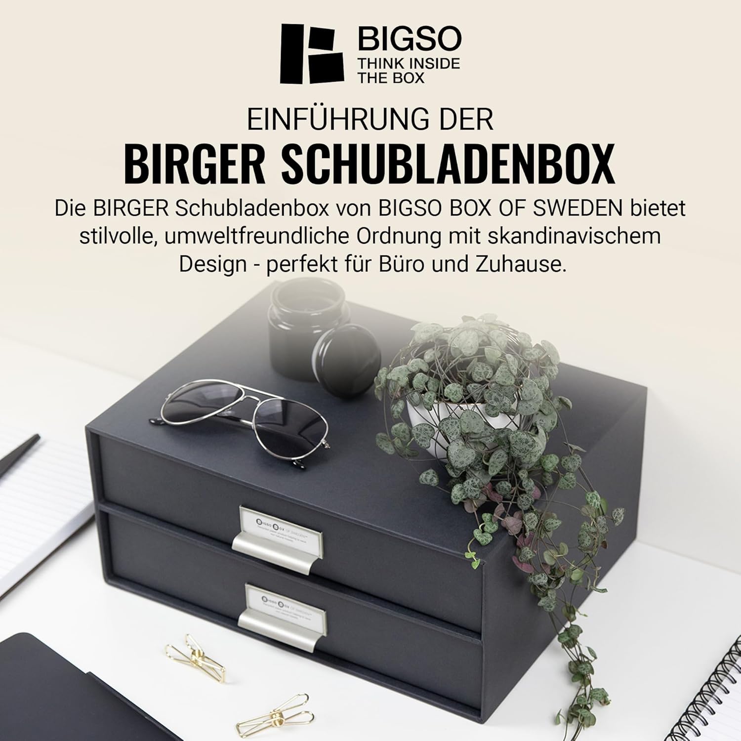 Bigso Box of Sweden Drawer Storage Box for Documents and Office Supplies - Desk Organiser with 2 Drawers - Fibreboard and Paper Filing System - Dark Grey