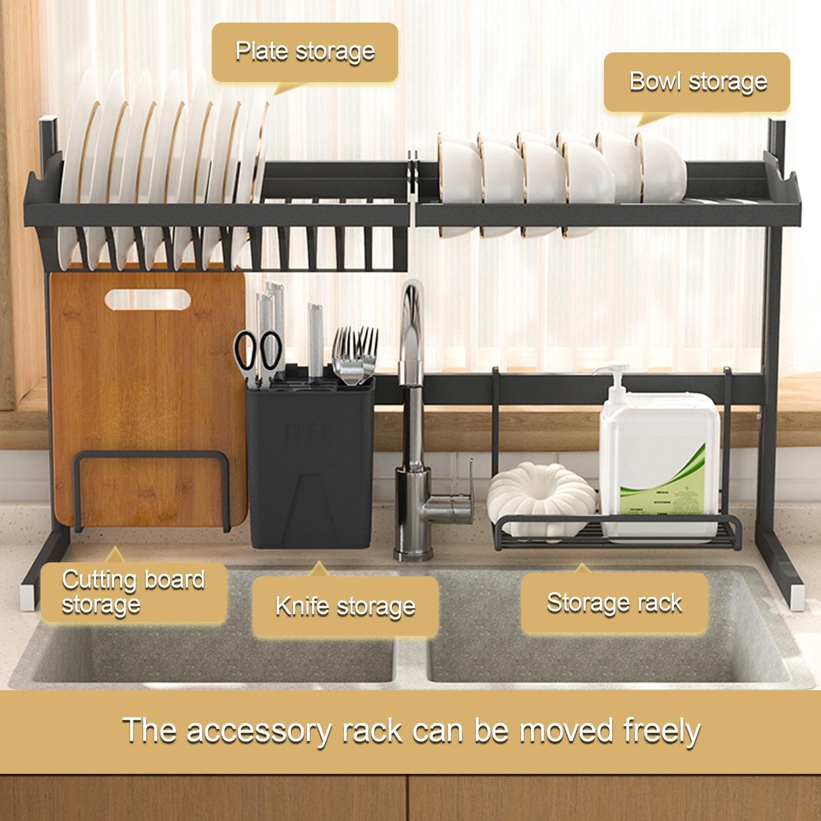 Escurreplatos sobre el fregadero, escurridor de platos de gran capacidad con soporte para utensilios, organizador de encimera de cocina para platos, cuencos y cubiertos