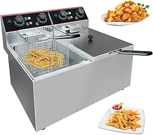 GarveeHome Commercial Deep Fryer with Basket, 8.4 QT/8 L Stainless Steel Electric Countertop Fryer with Double Tanks and Temperature Control for Restaurant and Home Use,1800 W+1800 W