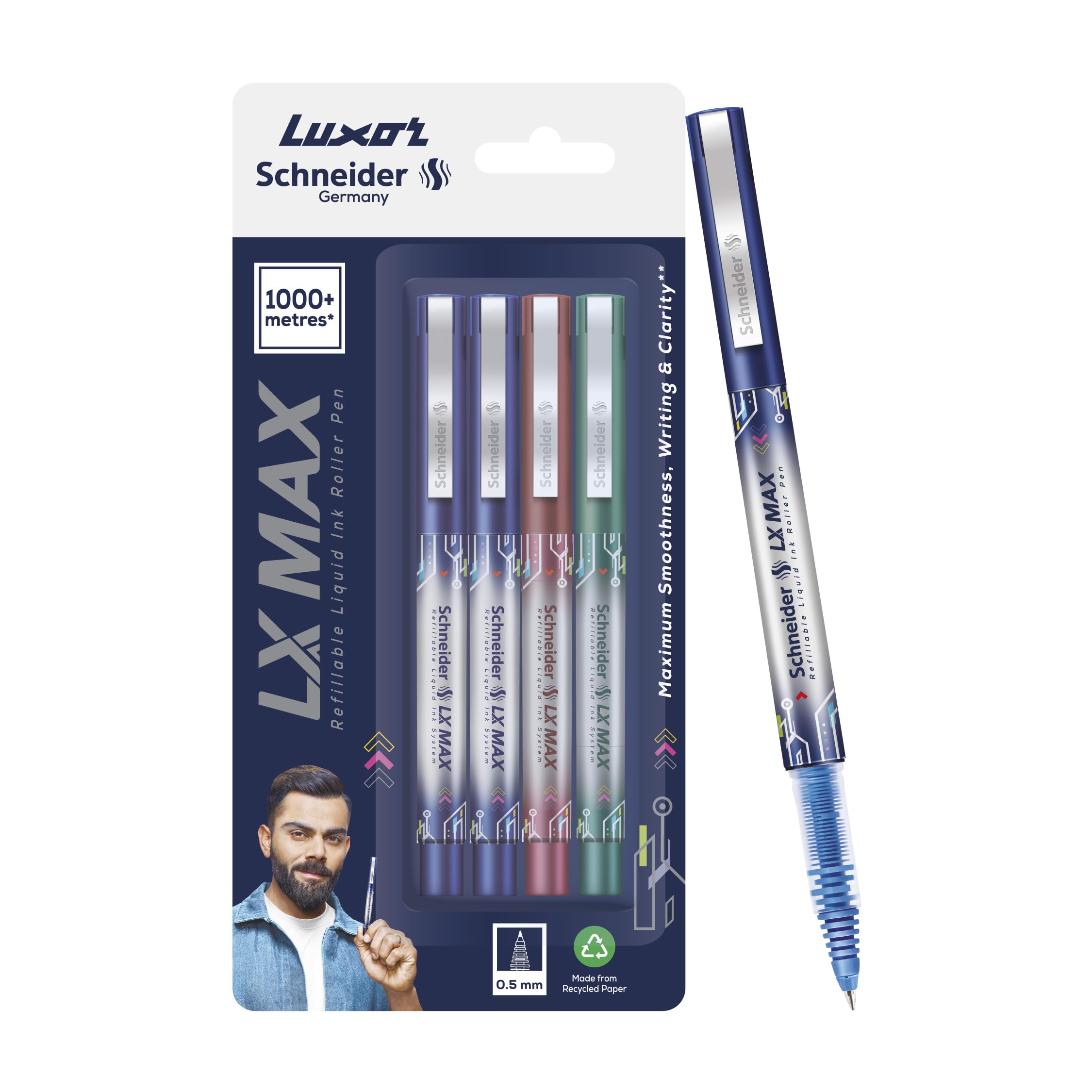 LuxorSchneider, LX MAX roller ball pen, Pack of 4 Assorted, Cone Tip, 0.5mm, 100% German Technology, 1000+ mtrs writing length, Waterproof Ink, Ideal for Students and Professionals
