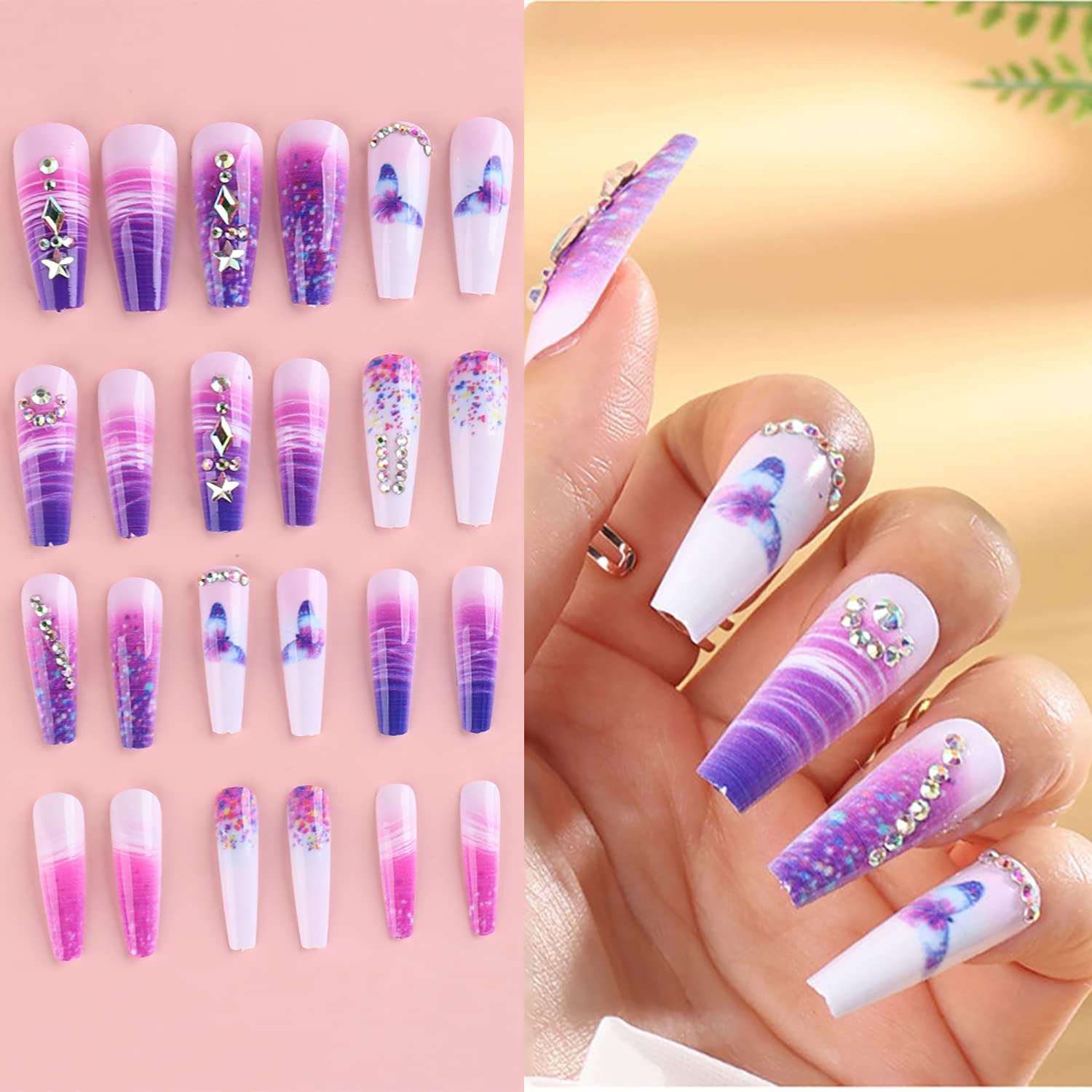 Amazon.com: Press on Nails Long, Coffin Fake Nails with Diamond Design,  Purple Butterfly Press on Nail with Nail Glue Artificial Acrylic False Nails  Exquisite Ballerina Fake Nails for Women and Girls 24