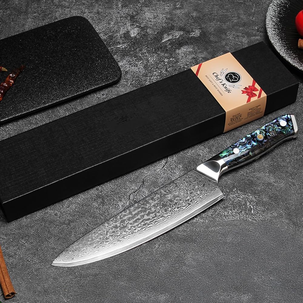Generisch Couteau de Chef Professionnel en Acier Damas 20 cm, 67 Couches VG-10, Manche en Nacre d’Ormeau, Couteau Cuisine Extrêmement Tranchant pour Viande, Légumes et Fruits, Boîte Cadeau Incluse