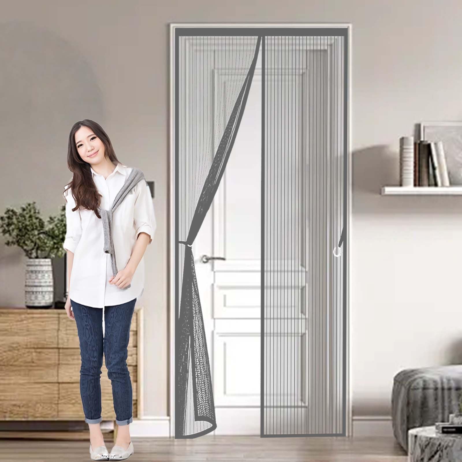 Heavy Duty Bug Mesh Curtain 154 x 195 cm Powerful Magnets and Full Frame Magic Tape, No Drill Installation Heavy Duty Mesh Bug Curtain Hundreds of Sizes, Lets Fresh Air in, Grey