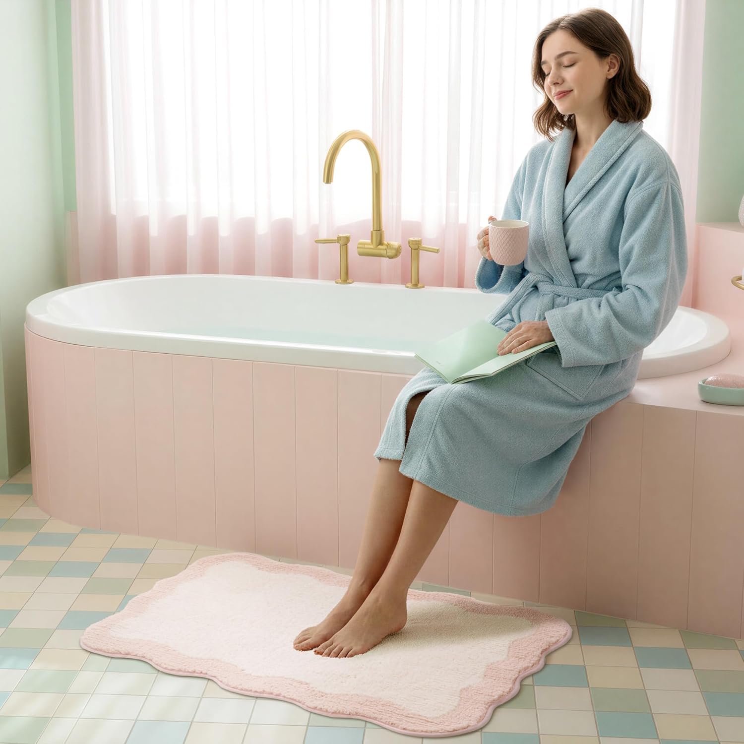 GRANNY SAYS Waved Pink Bathroom Rugs, 32" x 20", Non-Slip Bath Mats for Bathroom, Plush Shag Absorbent Microfiber Ultra Soft Scalloped Bath Mat, Cute Washable Rug for Tub, Shower, Bedroom