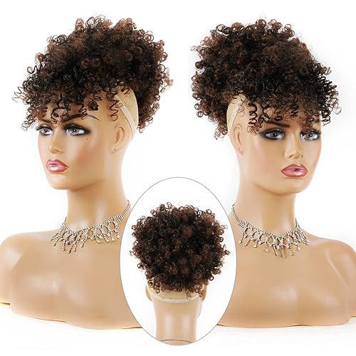 Miniatura 2 de Cola de caballo afro con cordón y flequillo sintético, extensiones de cabello corto rizado, extensiones de cabello rizado para mujeres negras (233)