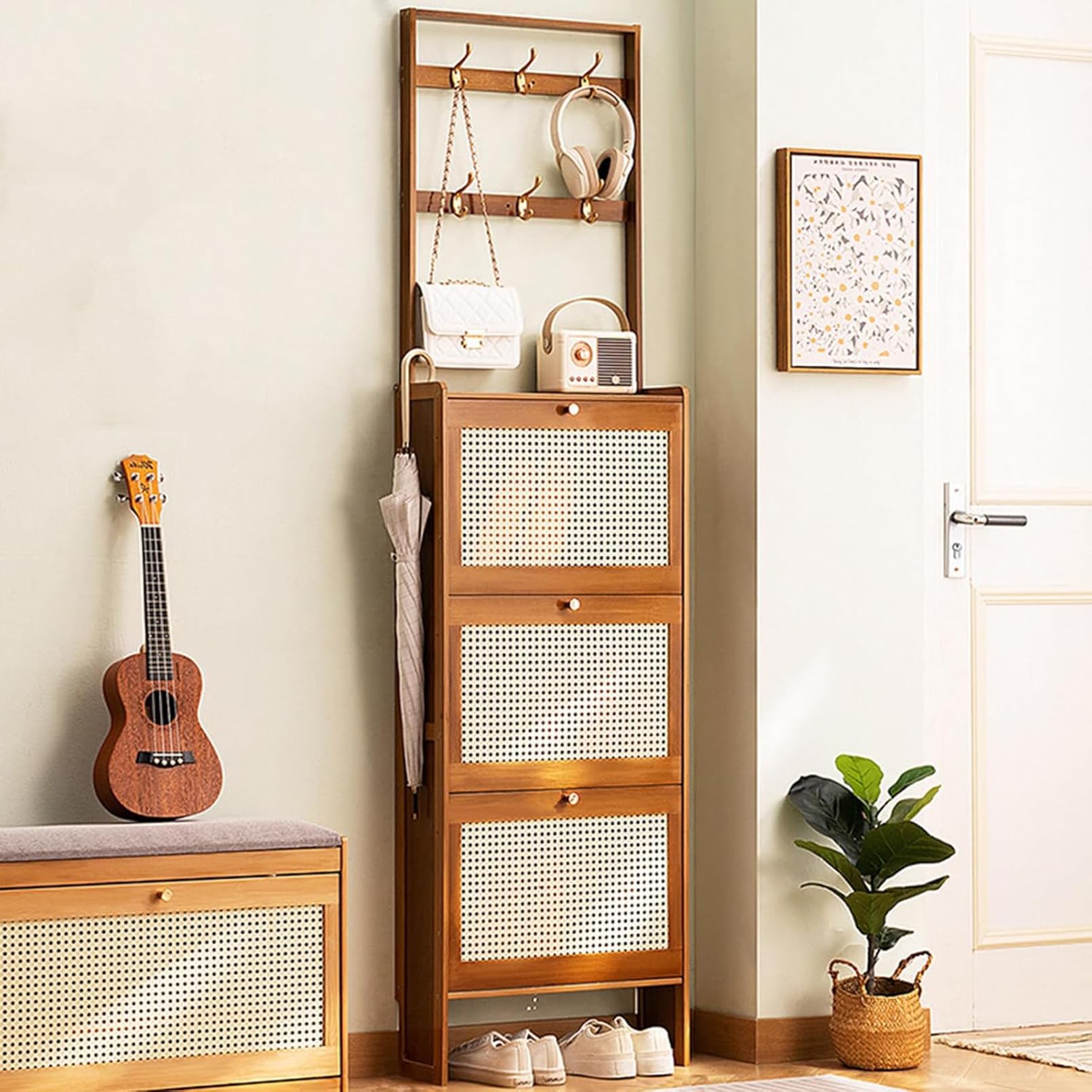 Zapatero de bambú con Puertas Zapatero Entrada recibidor Estrecho Mueble Zapatero recibidor Ratan Armario Zapatero para la Entrada Slim para Entrada Pasillo Sala De Estar 50×17×186cm