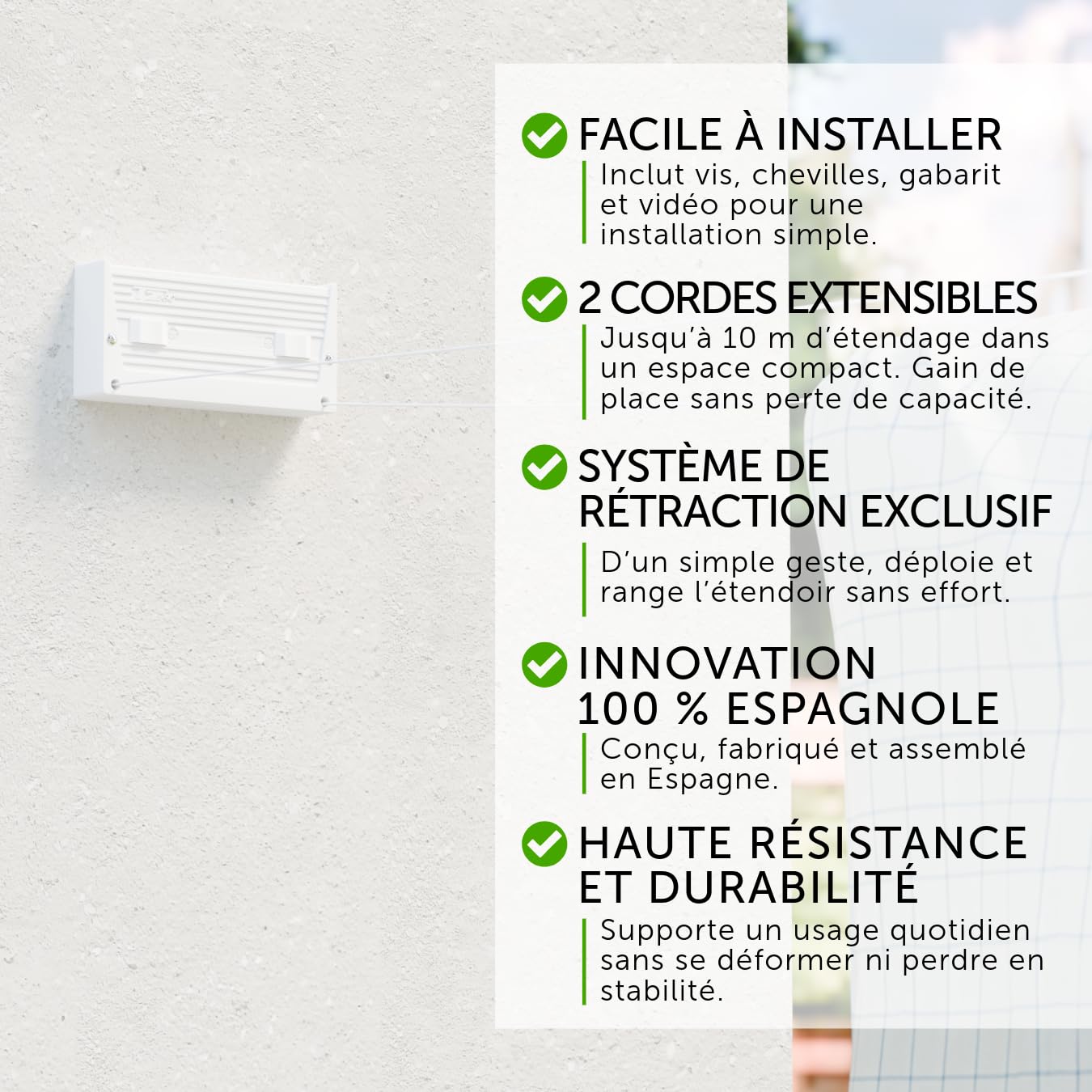 Cuncial TZ-S-2 | Tendedero Automático de Pared 2 Cuerdas | hasta 10 m de Tendido | Extensible 5 m por Cuerda | Blocaje Individual | Interior y Exterior | Compacto y Resistente | Fabricado en España