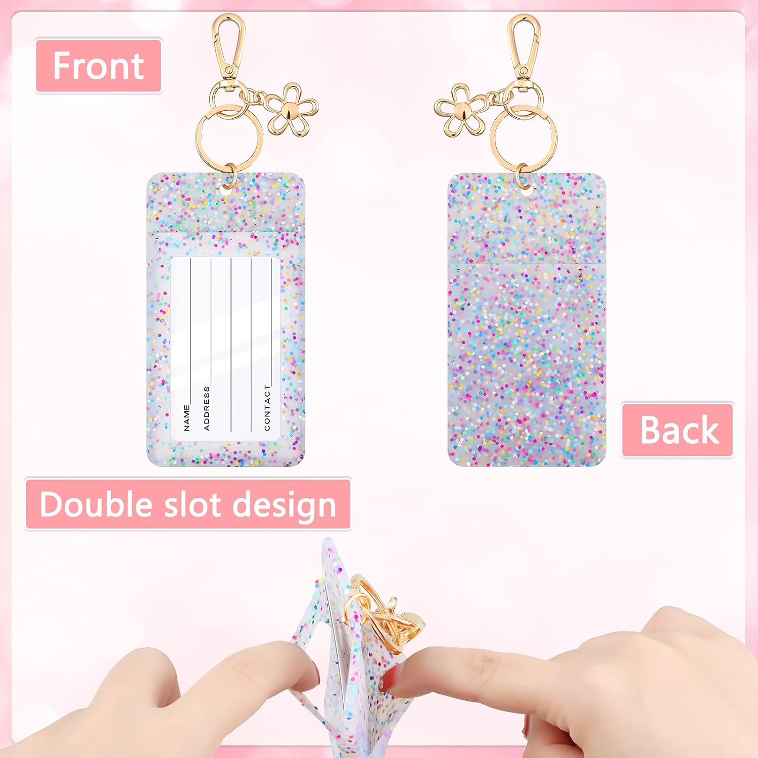 4 Pcs Glitter ID Badge Holder ID Badge Clip Key Chain for Teacher Cute Card Keychain Pink Silicon Holder with Key Ring Gift for Women Student Teacher Nurse Doctor Office Coworkers - Image 5