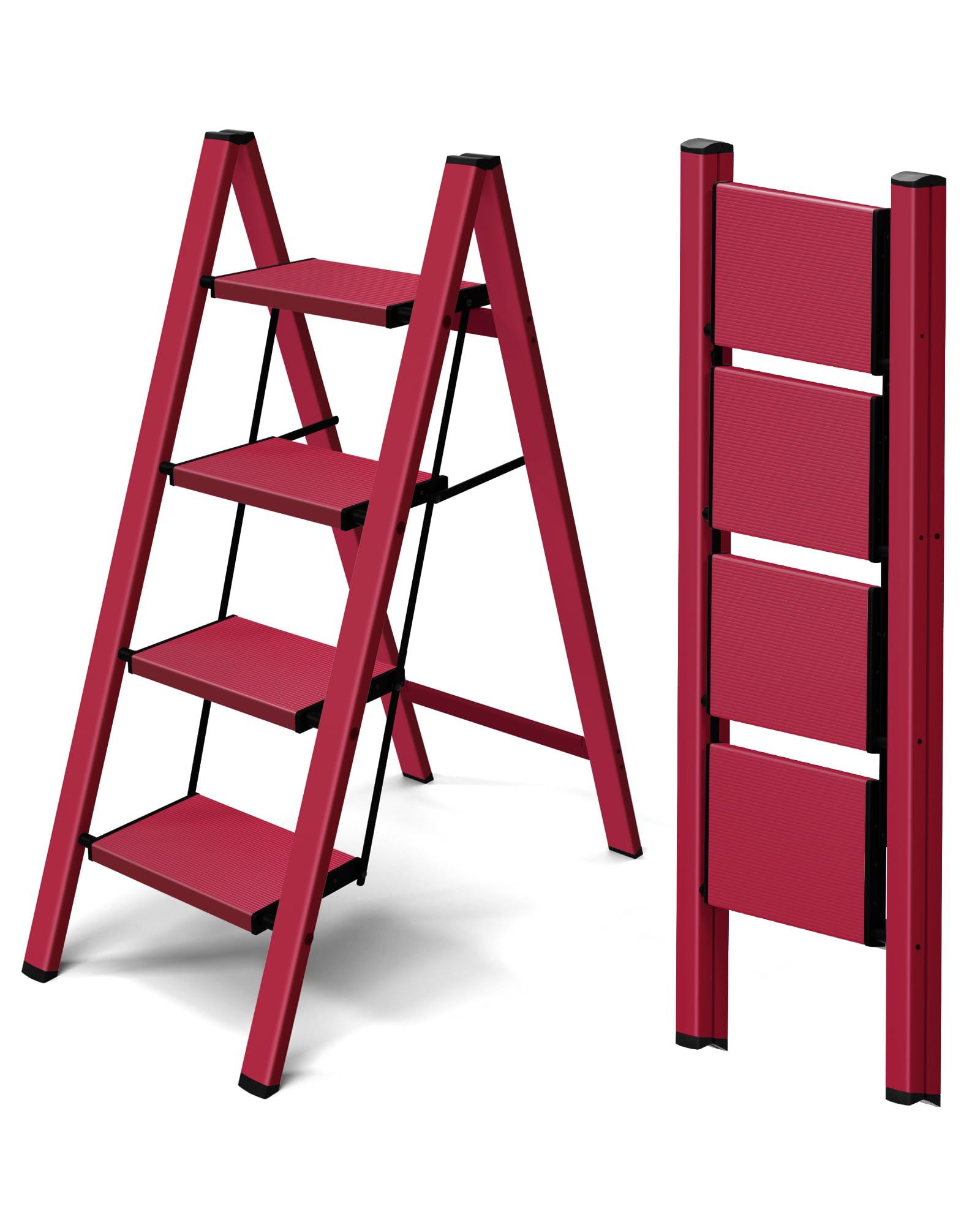 Taranta 4 Step Ladder,Aluminum Lightweight Folding 4 Step Stool with Anti-Slip Wide Pedal,330lbs Capacity Step Ladder for Household,Kitchen,Office - Red