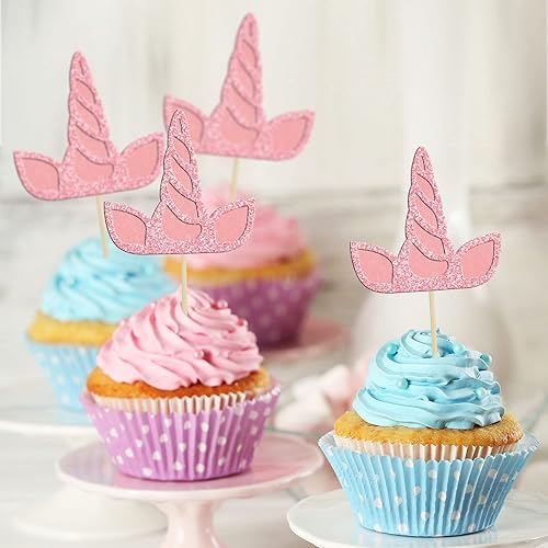 Miniatura 4 de Gyufise 24 piezas de decoración de cuernos de unicornio con purpurina rosa de doble capa para cupcakes de caballo de unicornio para baby shower,