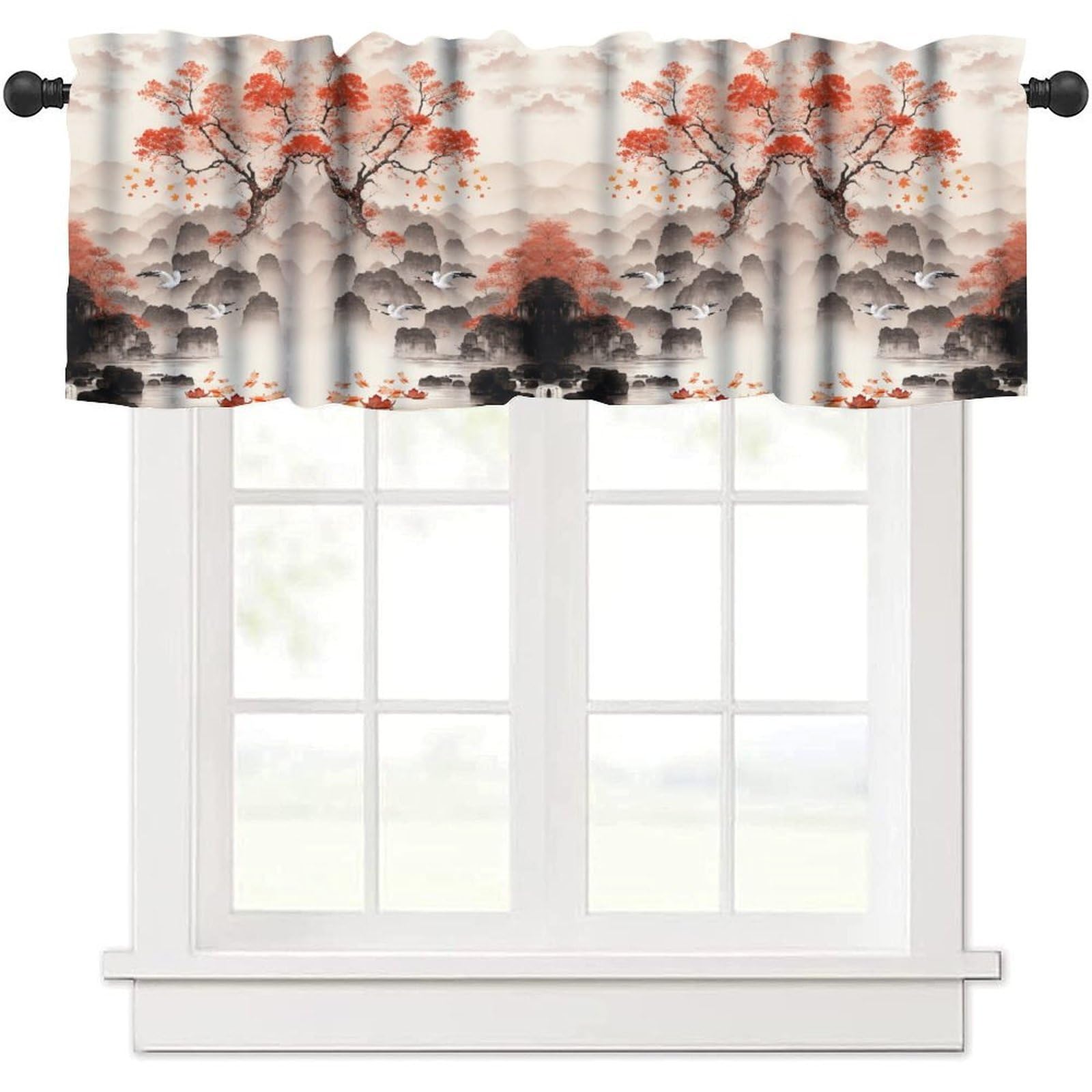 moderw Asian Curtain Valance, Vintage Chinese Fantasy Landscape Crane Clouds Montains Red Plum Blossom Window Treatment Valance for Farmhouse Home Dining Room Kitchen 54x18inch