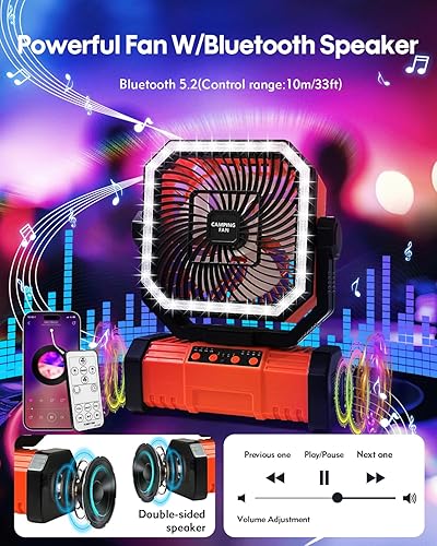 Miniatura 2 de Ventilador de camping portátil de 20000 mAh con altavoz Bluetooth, ventilador oscilante recargable de tienda de campaña con control remoto, 4
