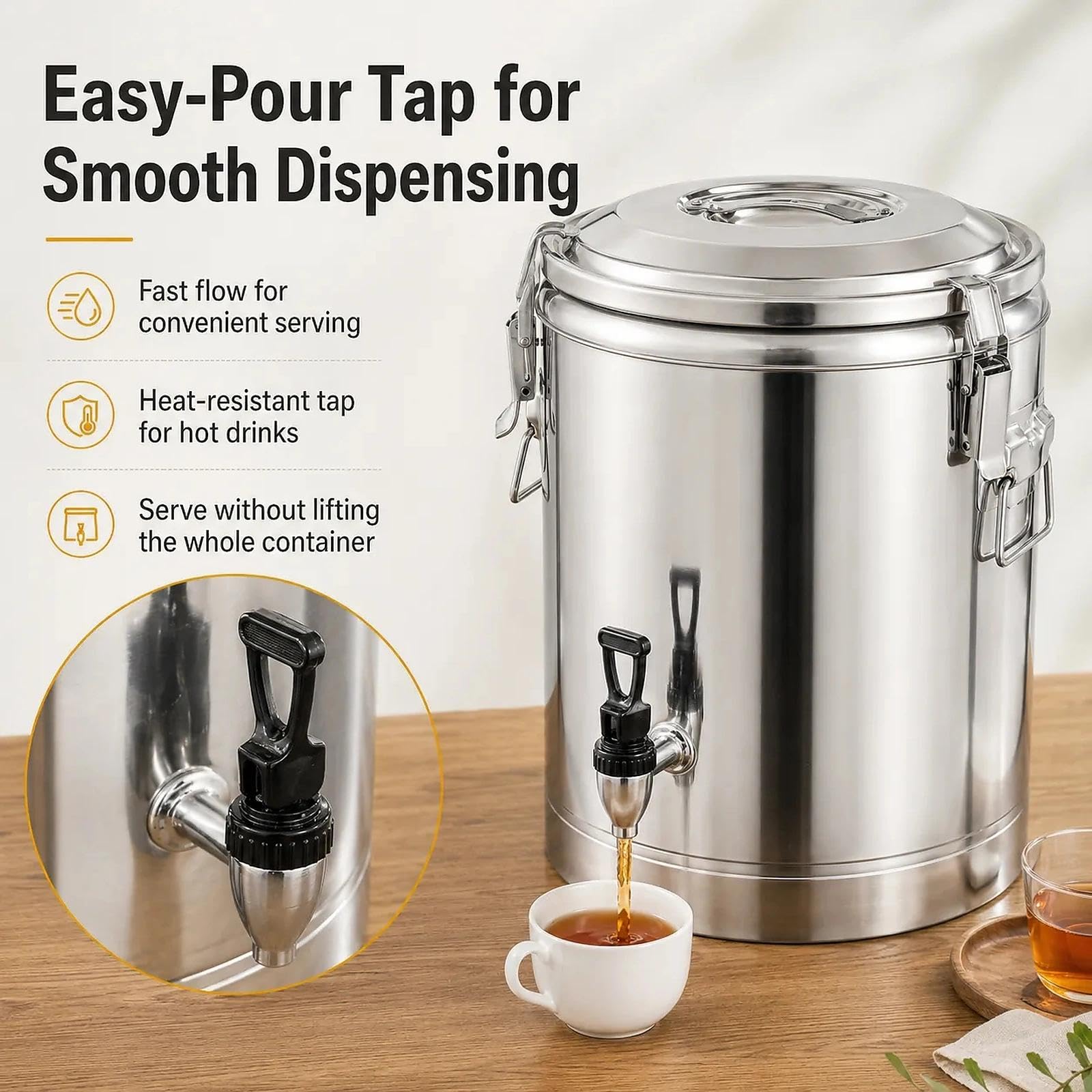Dispensador de bebidas de acero inoxidable con grifo, recipiente aislado para alimentos, almacenamiento versátil para aceite de cocina, leche, ideal para catering y cocina, 9 paquetes